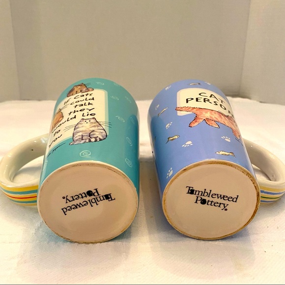 CAT PERSON Tumbleweed pottery cat mugs. Blue cat person mug.Green cat mug - Picture 2 of 6